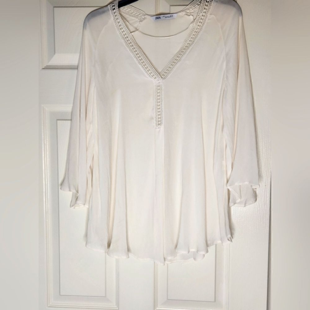 Zara Sheer M Ivory Boho Bell Lngslv Flowy Tunic Women’s Top